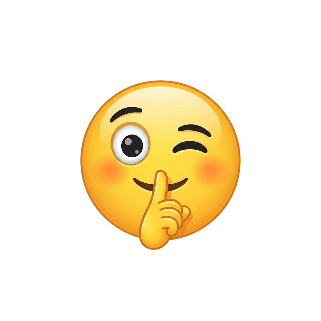 Smiling face emoji with finger to lips making a shushing gesture