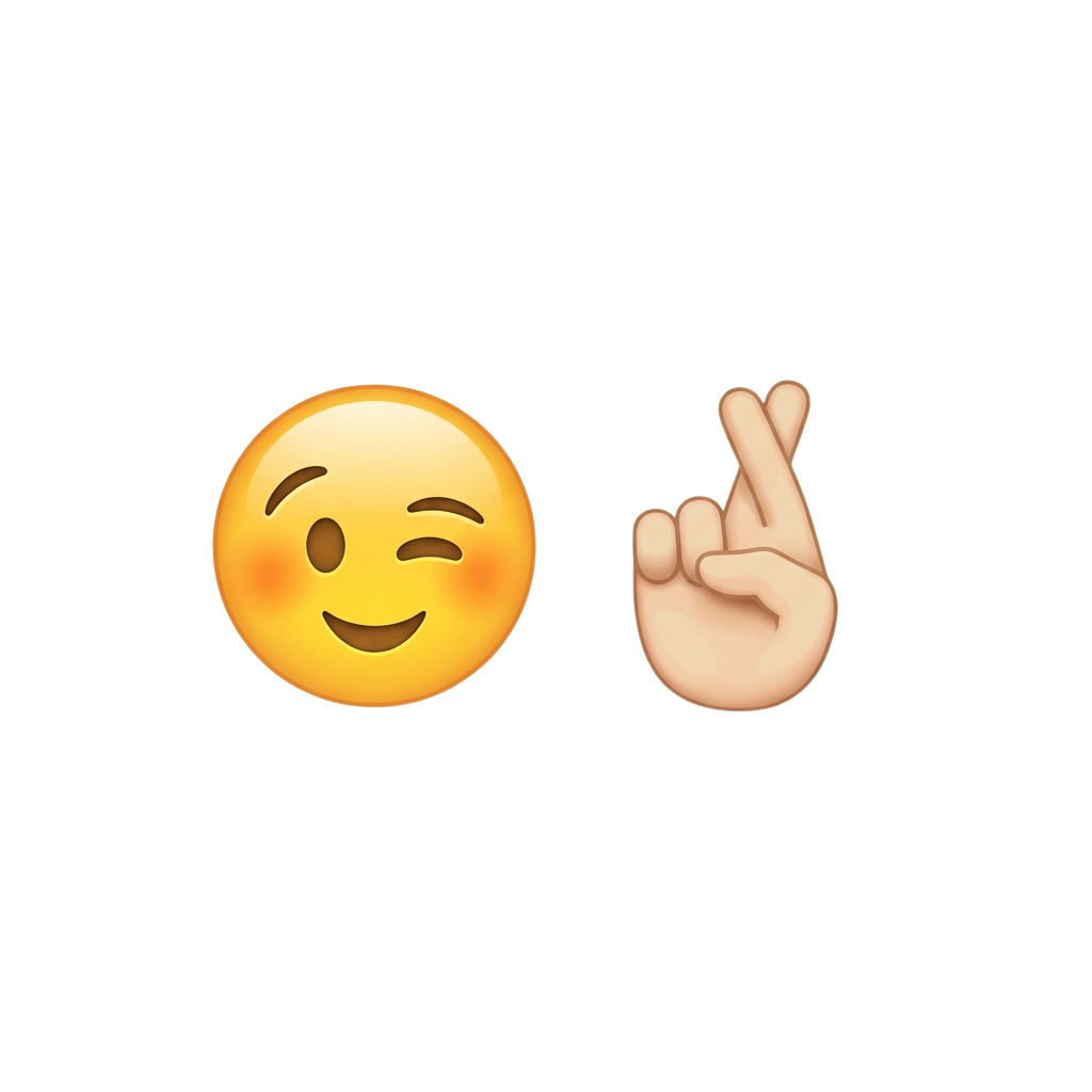 A smiling face emoji with a wink next to a hand making a crossed fingers gesture