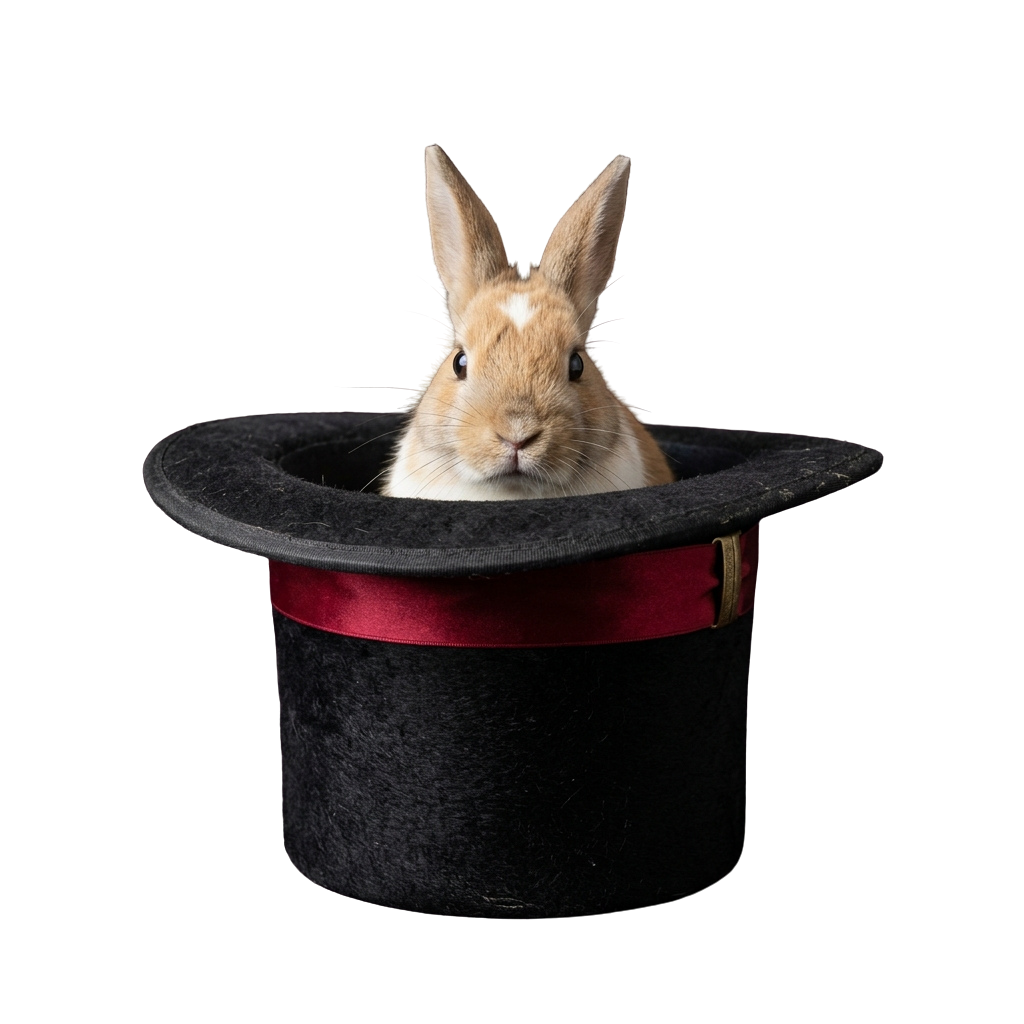 A rabbit peeking out from inside a black top hat with a red band