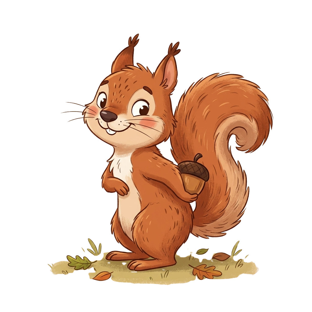 A cheerful cartoon squirrel standing upright, holding an acorn in its paw, surrounded by fallen leaves