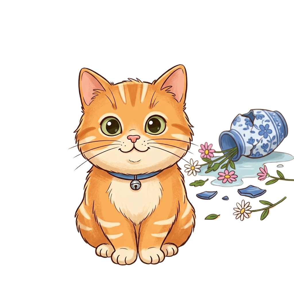 An orange kitten with a blue collar sitting next to a tipped-over blue and white floral pot with spilled flowers