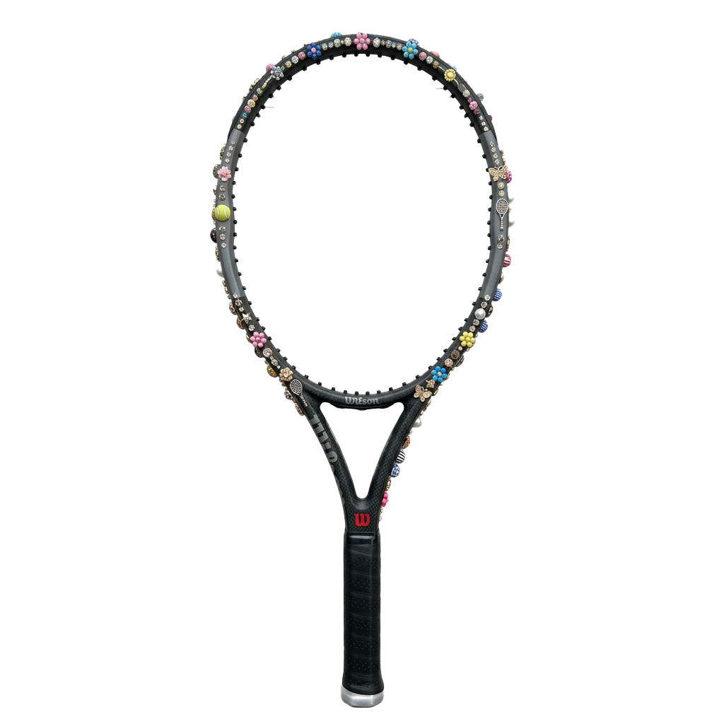 Decorative tennis racket with colorful beads and gemstones around the frame