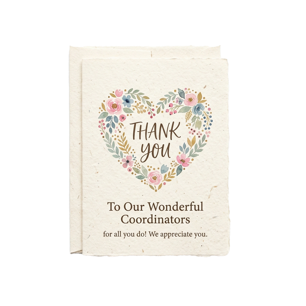 A thank you card with a floral heart design and text thanking wonderful coordinators