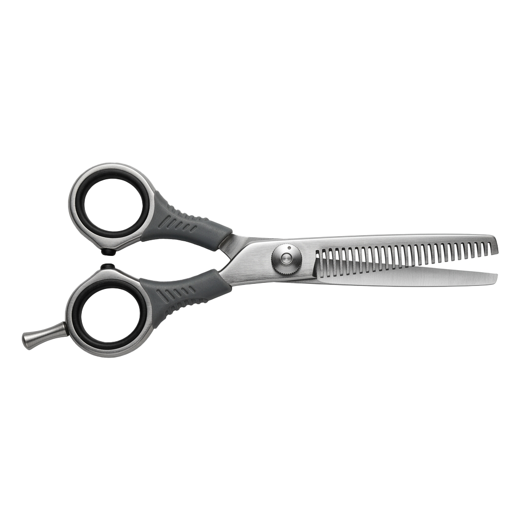 Pair of stainless steel hairdressing scissors with black rubberized finger loops and serrated edge
