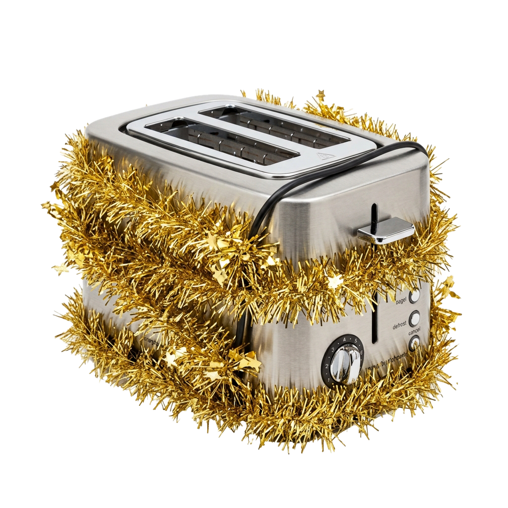 A toaster wrapped in shiny gold tinsel for a festive holiday look