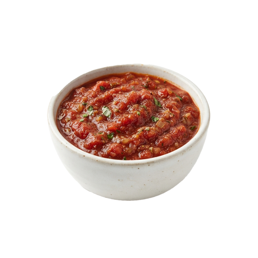 A white bowl filled with chunky tomato basil sauce garnished with herbs