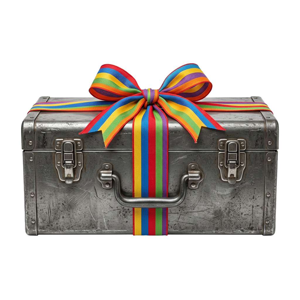 A vintage metal suitcase adorned with a large rainbow-colored gift bow and ribbon.