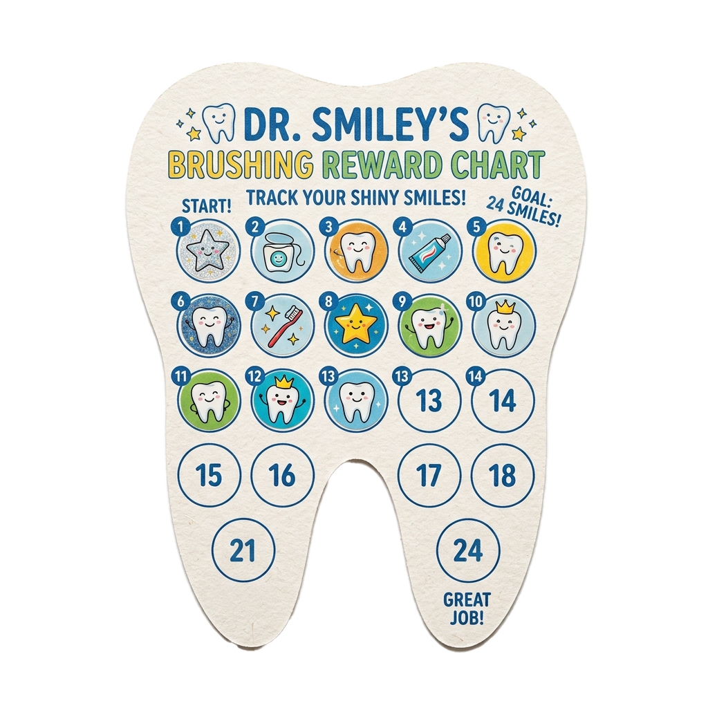 Tooth-shaped chart tracking 24 days of brushing rewards with numbered circles and icons