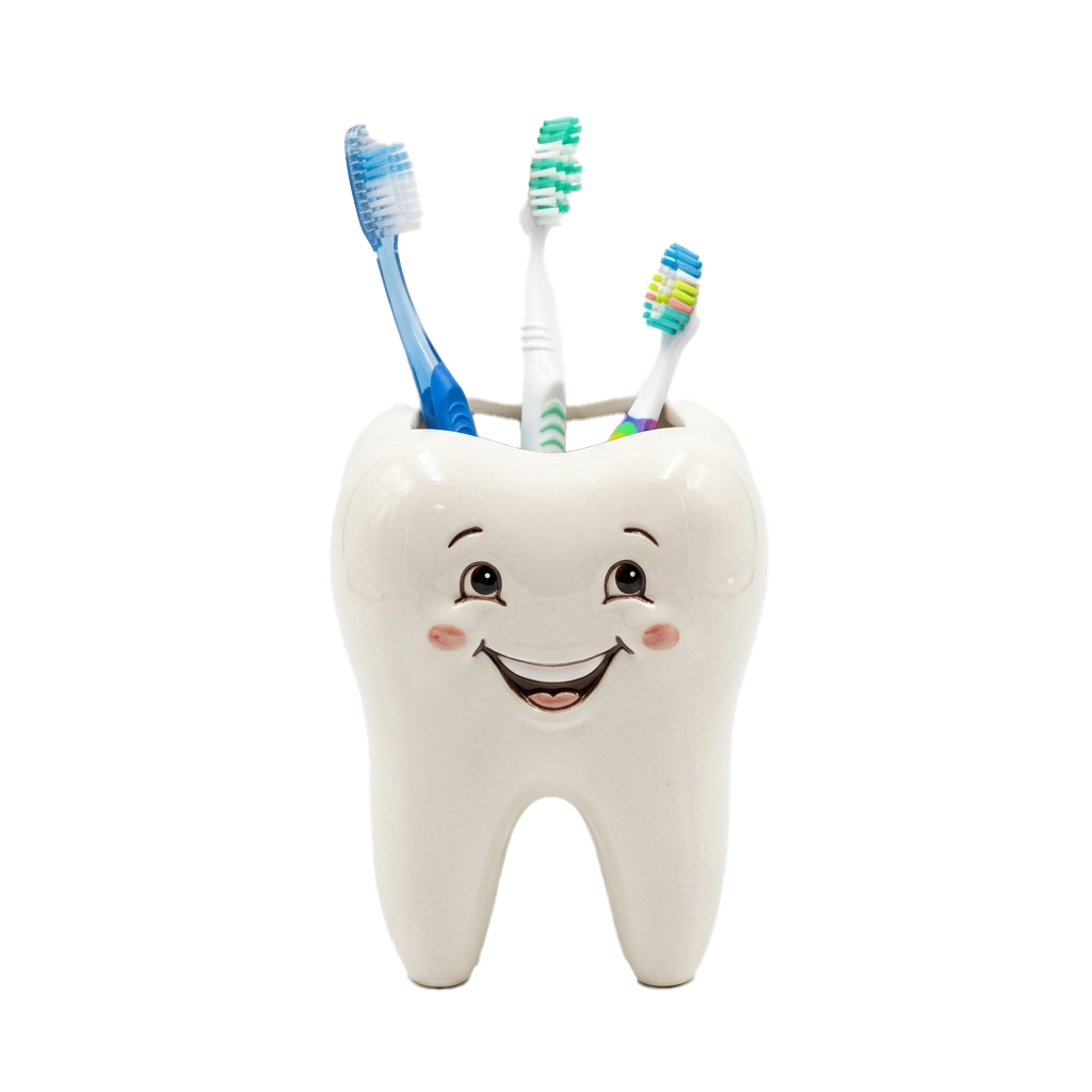 A smiling cartoon tooth holding three toothbrushes in its cup shape
