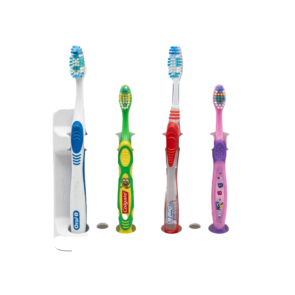 Four colorful electric toothbrushes in white packaging and three vibrant colors displayed on a black background