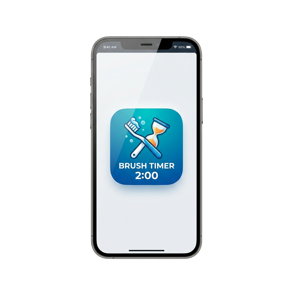 Smartphone showing a toothbrush and hourglass timer app icon labeled Brush Timer 2:00