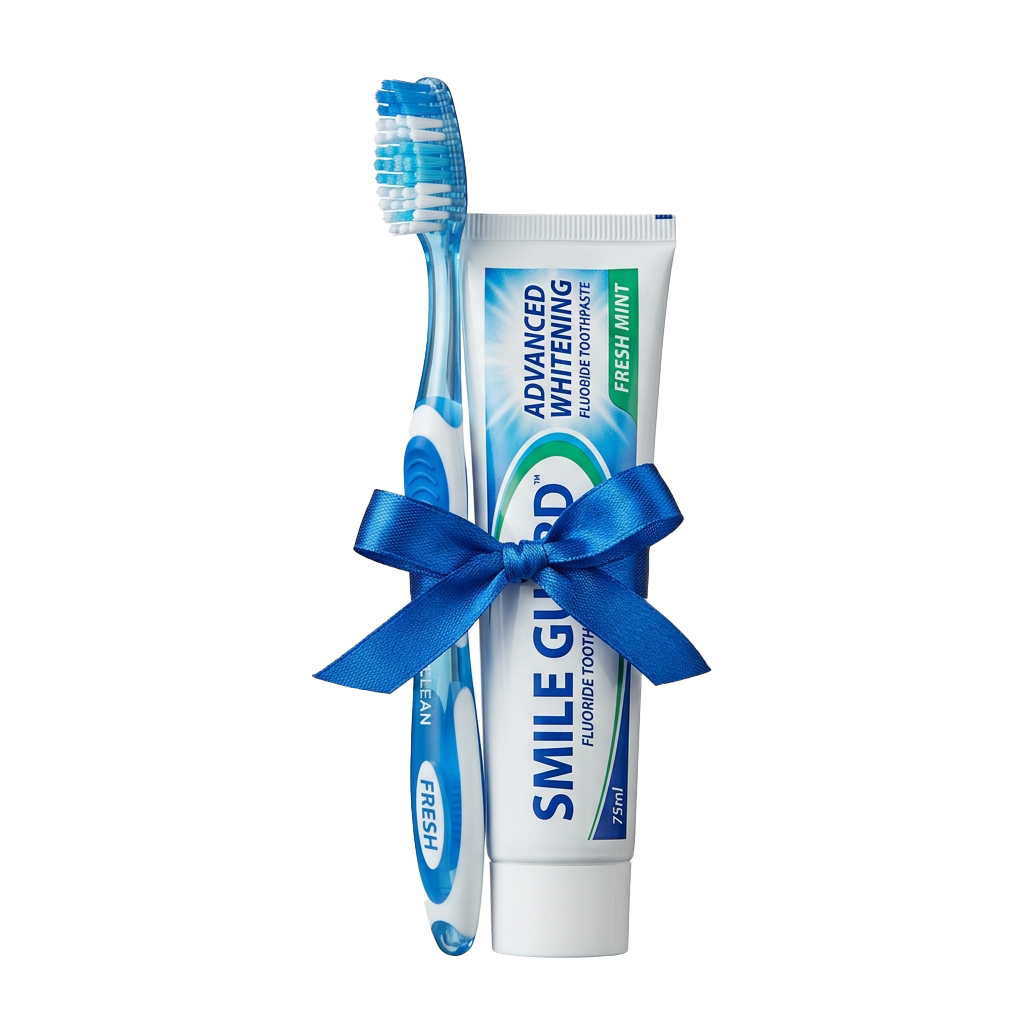 A toothbrush and tube of whitening toothpaste tied together with a blue ribbon.