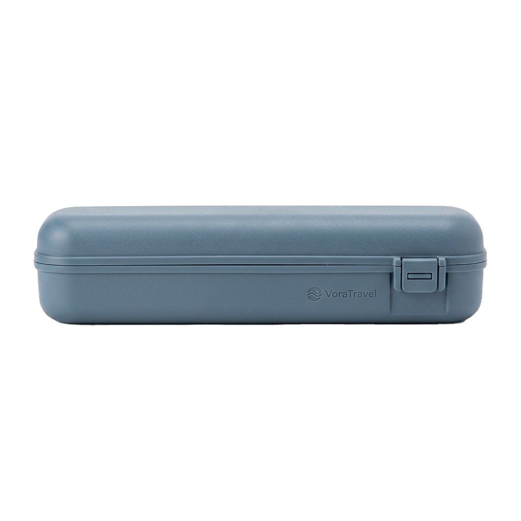 A gray rectangular hard-shell travel case with a latch closure.