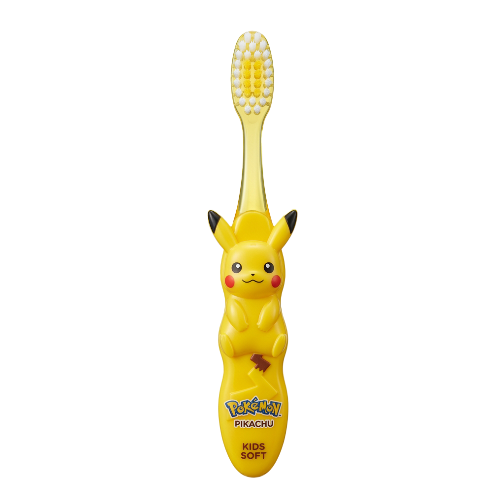 Yellow Pikachu character toothbrush designed for kids with soft bristles