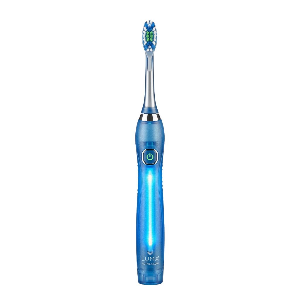 Blue electric toothbrush with illuminated bristles and power indicator light
