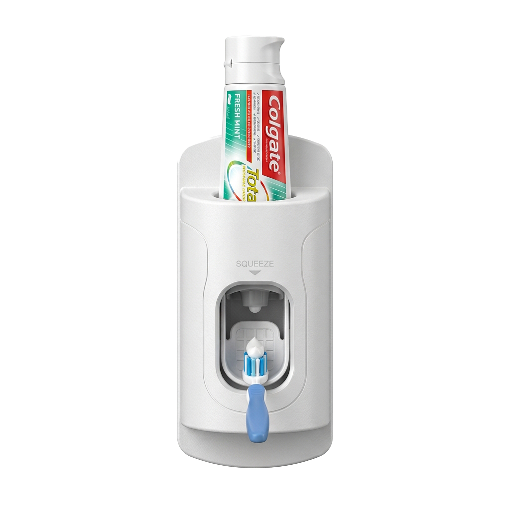 White toothbrush holder with a toothbrush inside and a tube of toothpaste on top