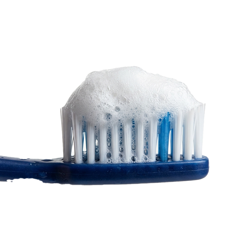 A toothbrush with white foamy toothpaste on its bristles against a black background