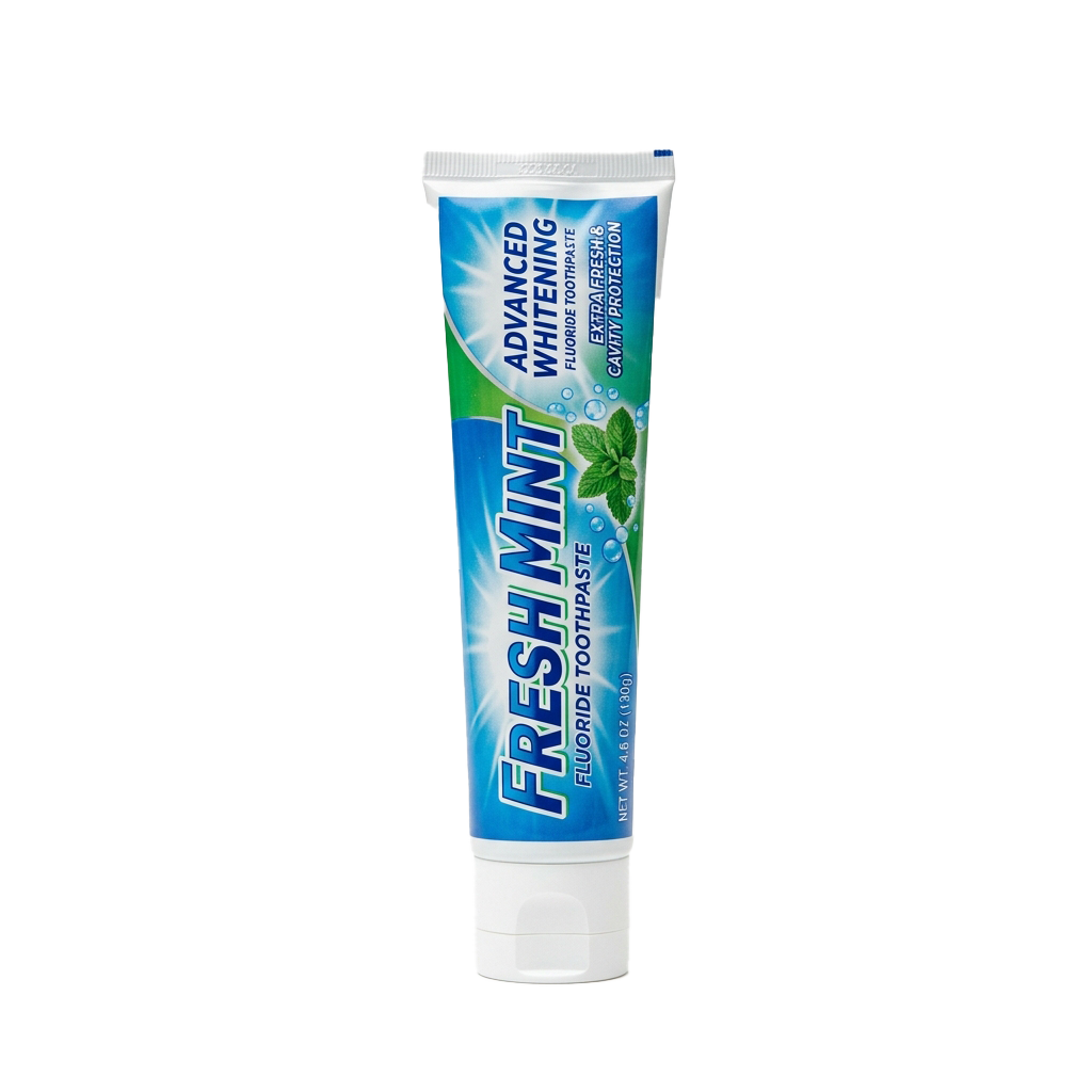 Tube of fresh mint flavored fluoride toothpaste with whitening and cavity protection features