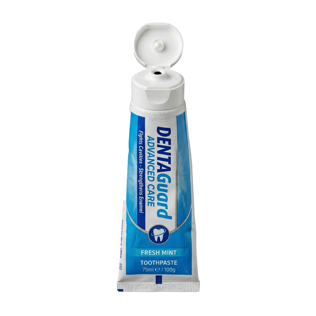 A tube of fresh mint toothpaste with a white cap, labeled for advanced dental care and enamel strengthening.