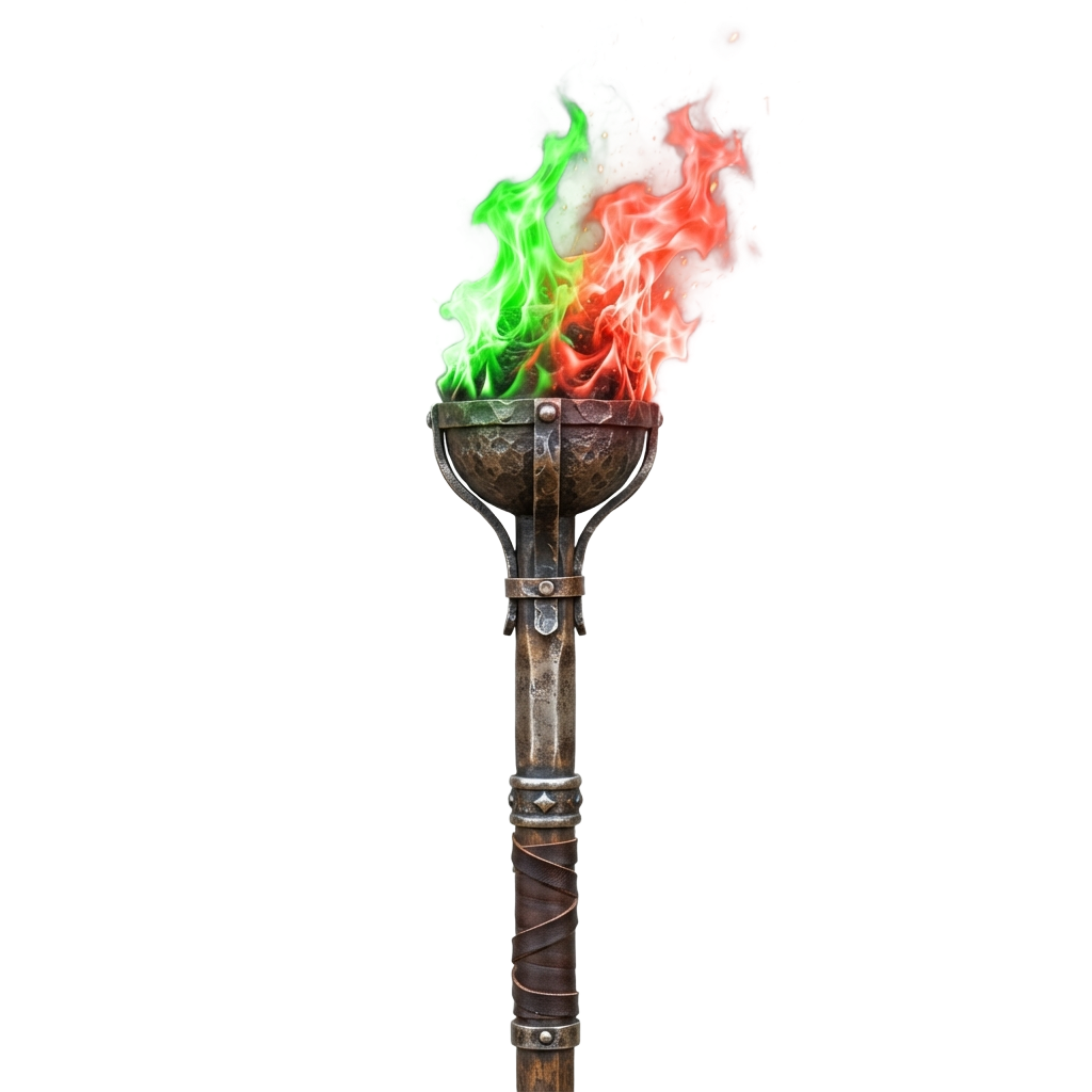 A torch with green, red, and white flames burning brightly against a dark background