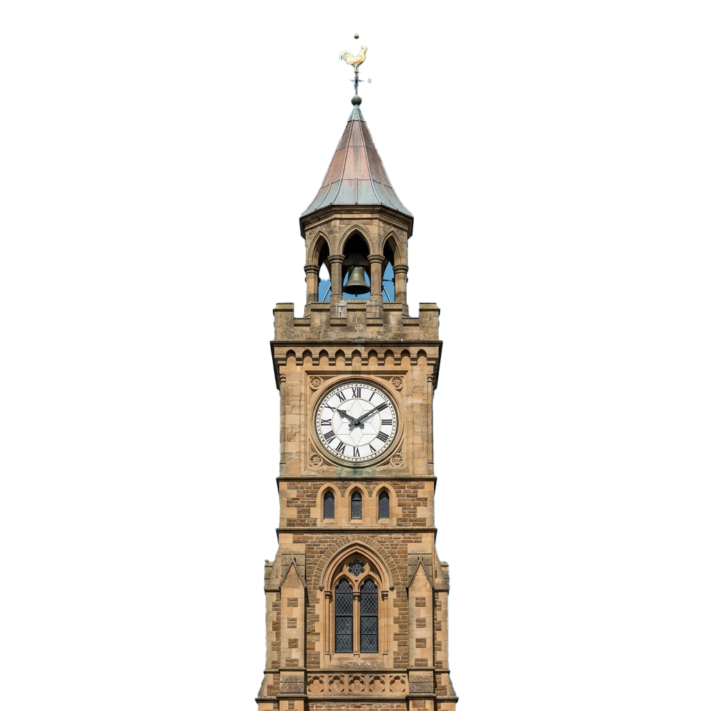 A tall clock tower with a large clock face and Gothic architectural details, topped with a spire and weather vane.