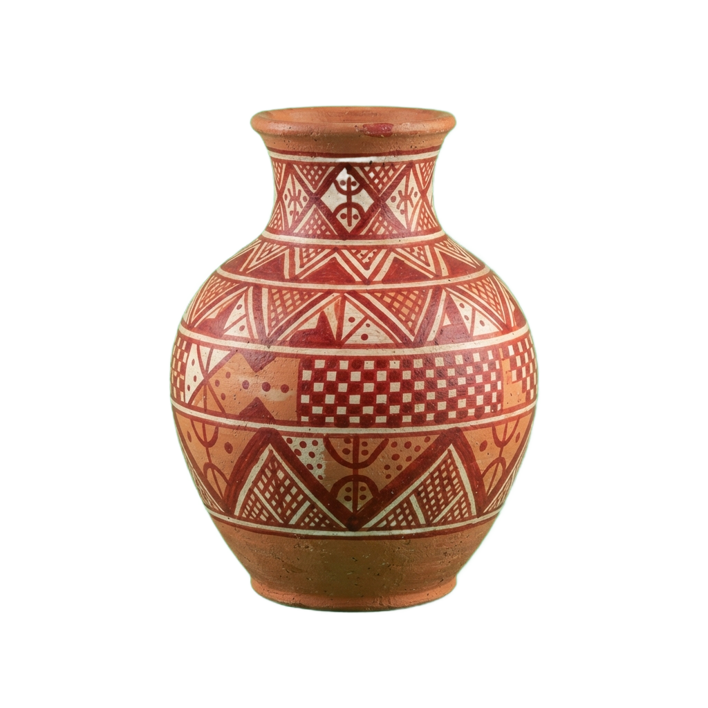 Terracotta vase featuring intricate red and cream geometric patterns on its surface