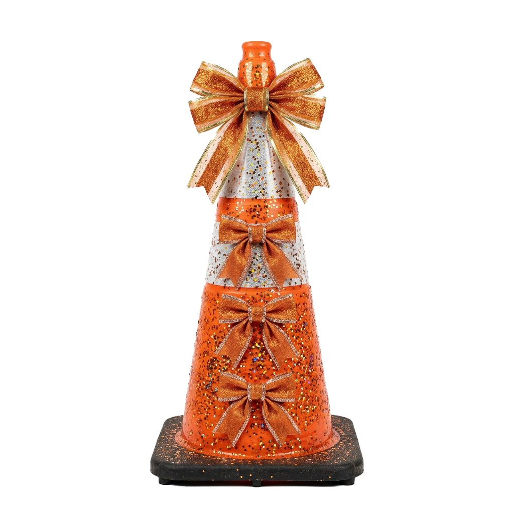 Ceramic vase with three stacked sections featuring orange and white bows and glittery speckles on a dark base.