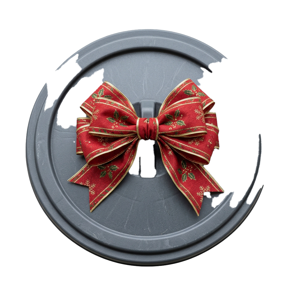 A red decorative bow with gold trim and green floral patterns tied on a broken black circular device rim