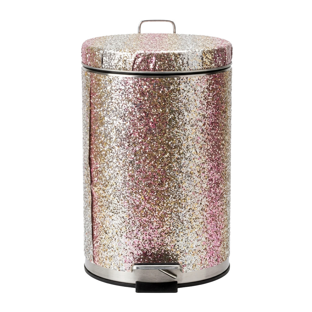 A cylindrical pedal-operated trash bin with a shiny, glittery metallic finish in gold and pink hues.