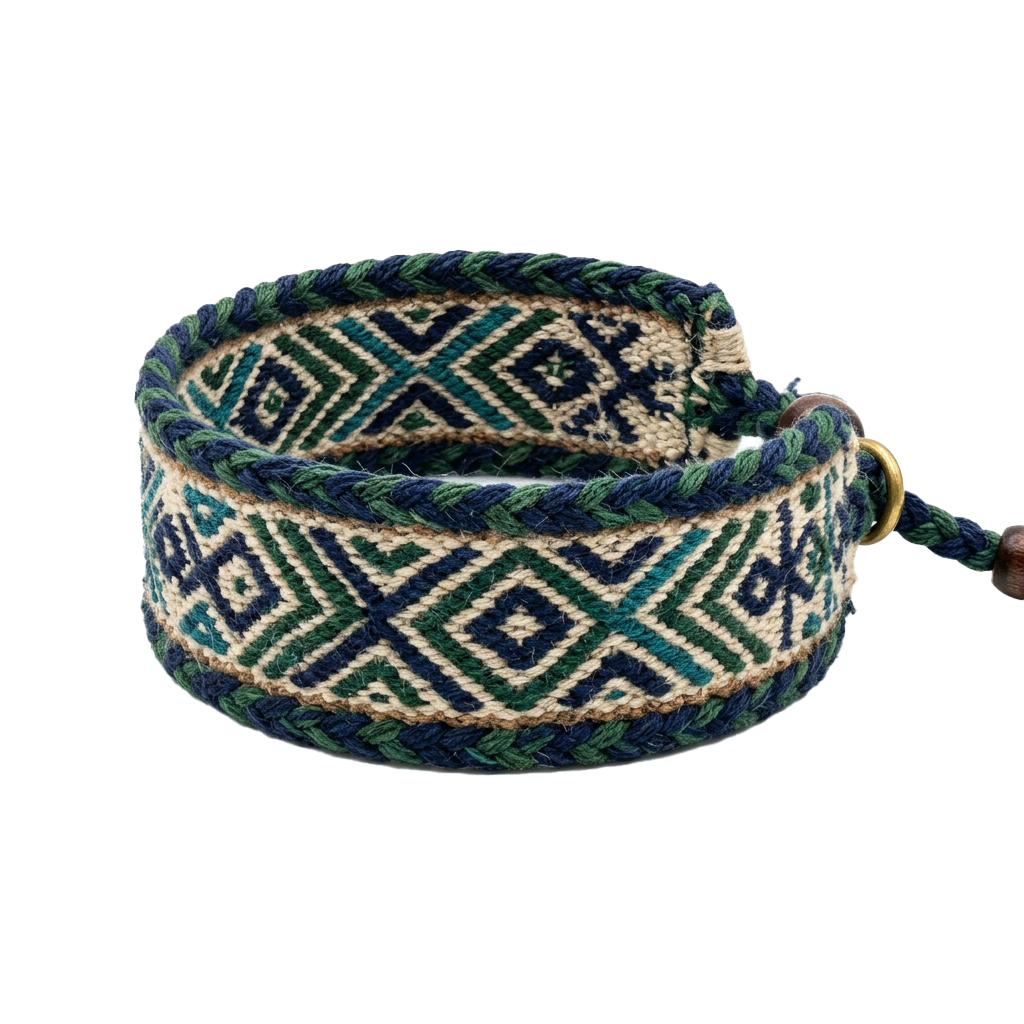 A braided wrist cuff featuring a geometric diamond pattern in green, white, and dark blue colors.