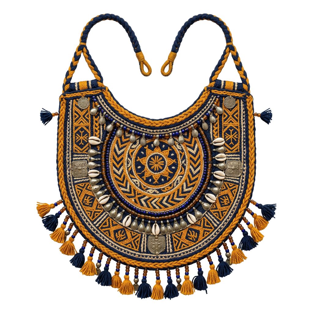 Decorative beaded shoulder bag with geometric patterns, tassels, and cowrie shells