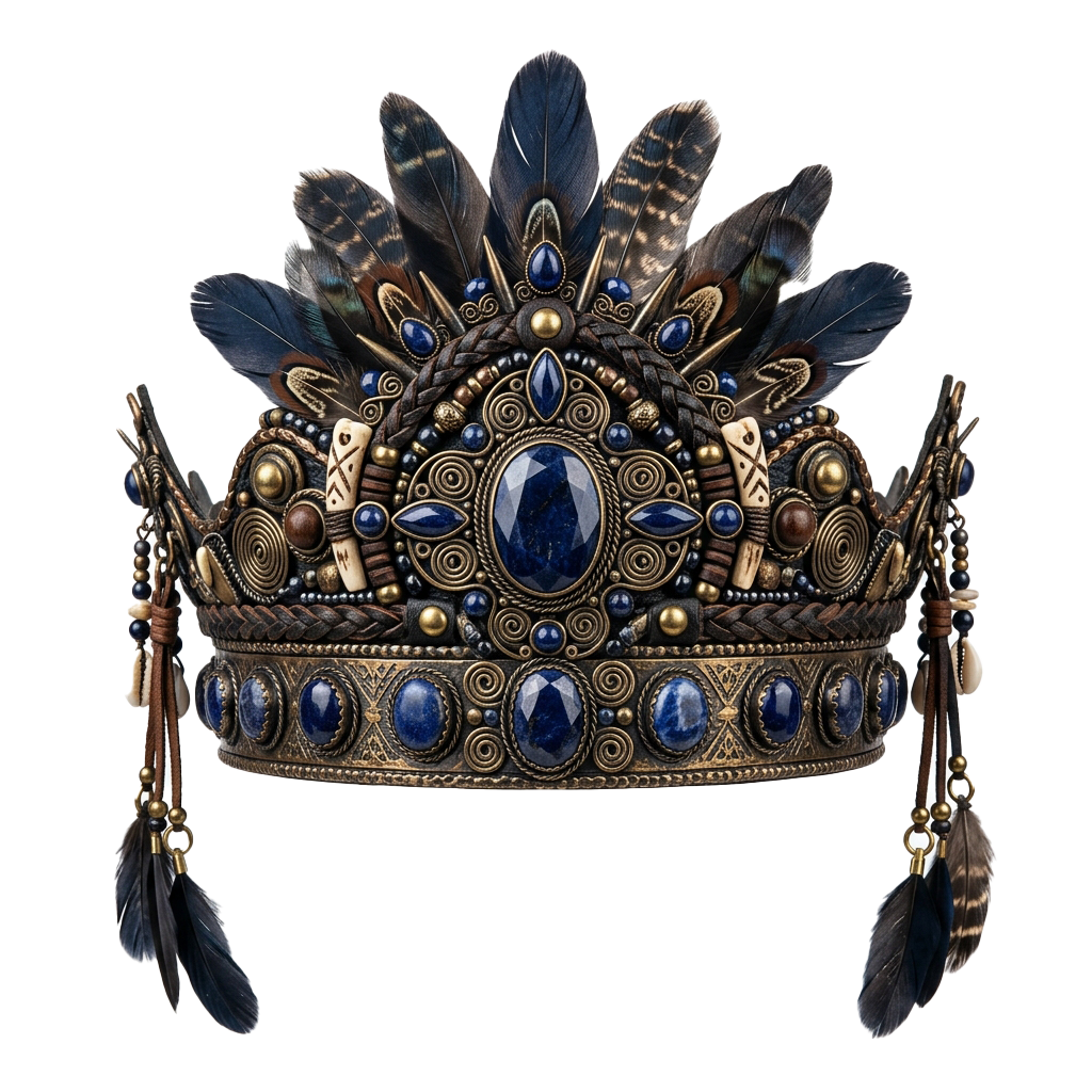 Elaborate ceremonial crown featuring feathers, gemstones, and intricate metalwork