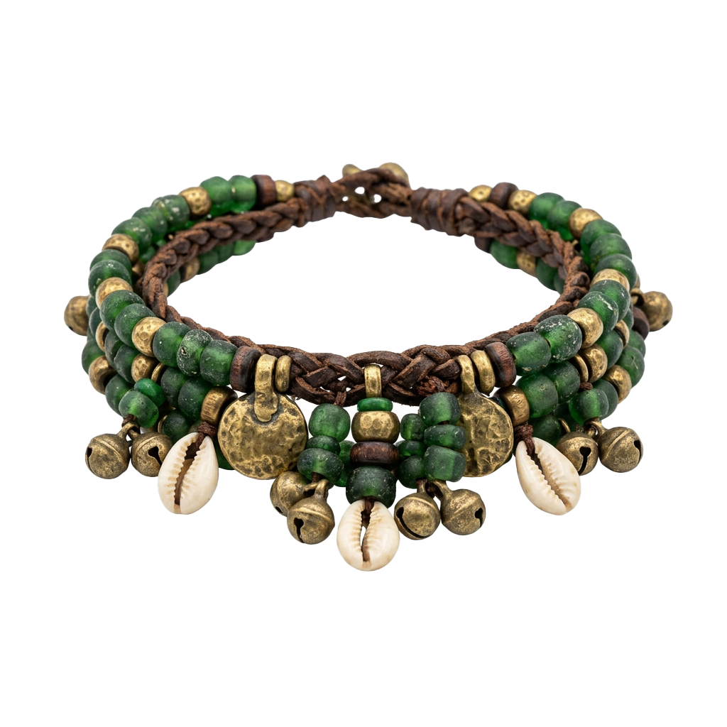 A handcrafted bracelet featuring green beads, shells, gold-colored metal pieces, and intricate knotted brown leather cord.