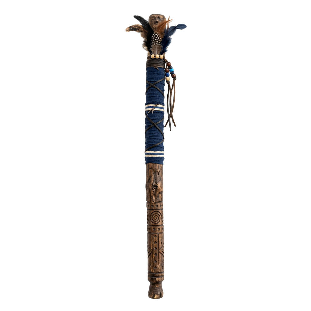 A tall wooden staff wrapped in blue fabric with white stripes, adorned with carvings and topped with an animal headdress.