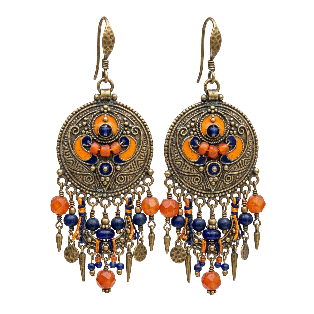 Pair of ornate brass earrings featuring intricate designs, orange and blue beads, and dangling charms.