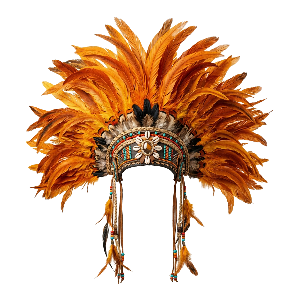 A detailed traditional headdress with bright orange feathers and intricate beadwork band