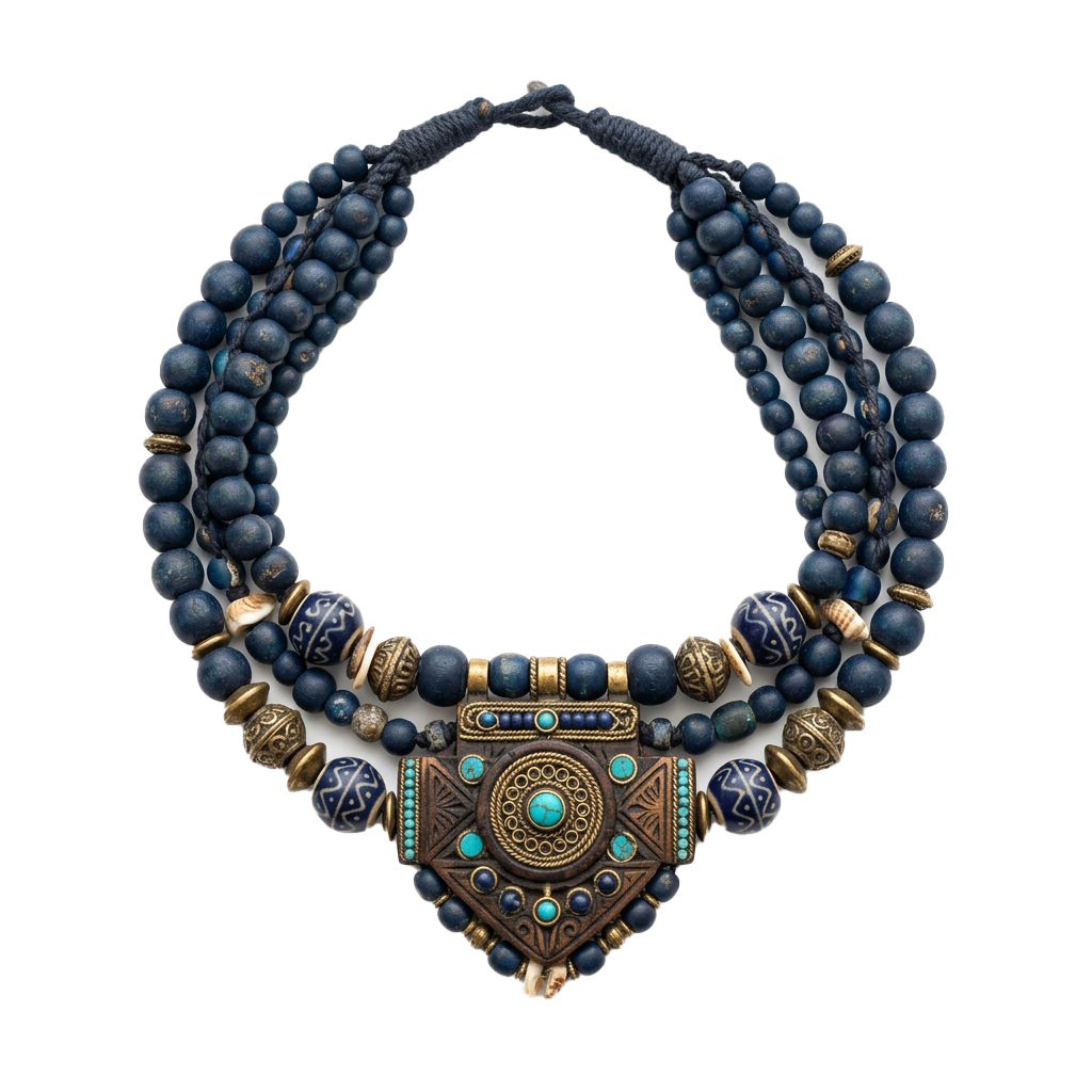 An ornate beaded necklace featuring a central turquoise and gold geometric pendant with intricate designs