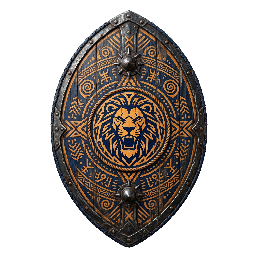 A shield featuring a lion face at the center surrounded by intricate tribal patterns in gold and blue on a dark background
