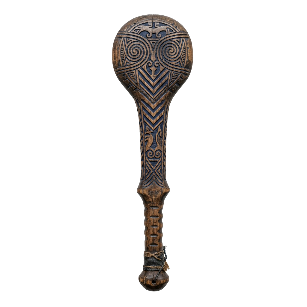 Carved wooden hammer with intricate spiral and geometric patterns, likely of Maori origin