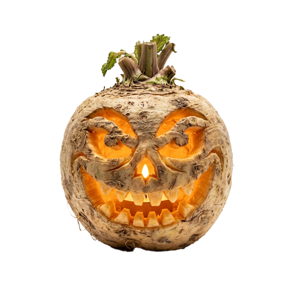 A carved turnip with a spooky face illuminated from inside, topped with green leafy stems against a dark background