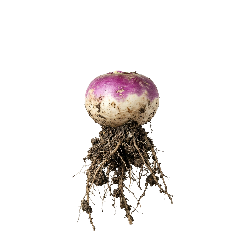A whole purple turnip with its roots attached against a dark background
