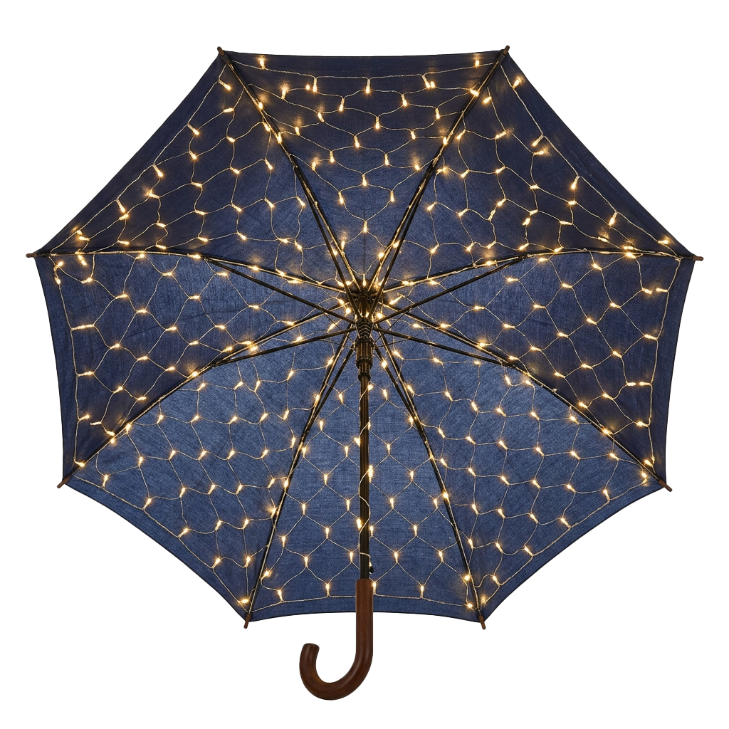 Open umbrella with a dark blue fabric and small glowing lights forming a starry pattern