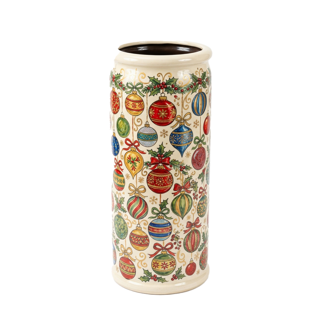 A cylindrical ceramic candle holder decorated with colorful Christmas ornaments, holly leaves, and ribbons