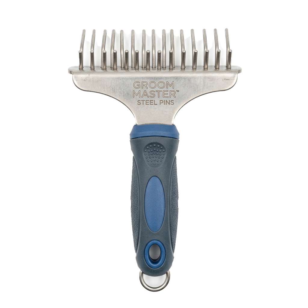 A grooming tool with steel pins for detangling and brushing pet fur, featuring a blue and grey ergonomic handle.