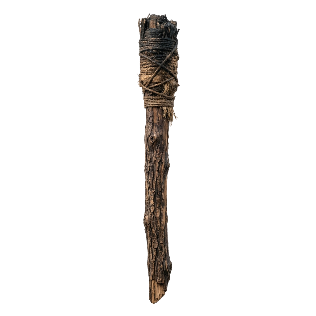 A mummified bundle wrapped tightly with frayed ropes and natural fibers