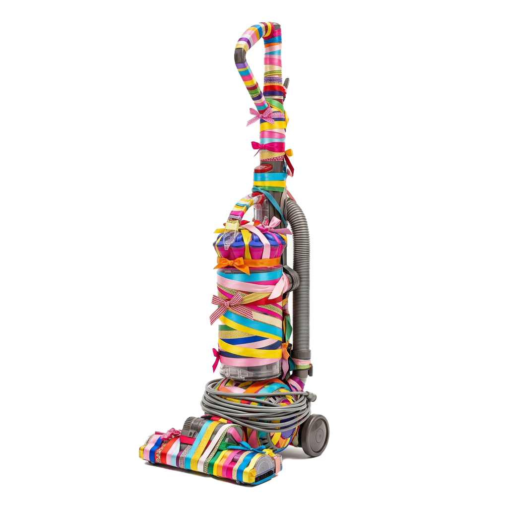 An upright vacuum cleaner wrapped with colorful ribbons in a festive design.