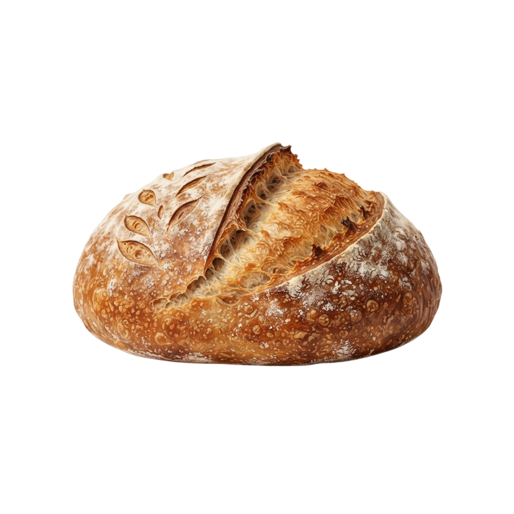 A whole loaf of rustic sourdough bread with a partially sliced top revealing air pockets inside.