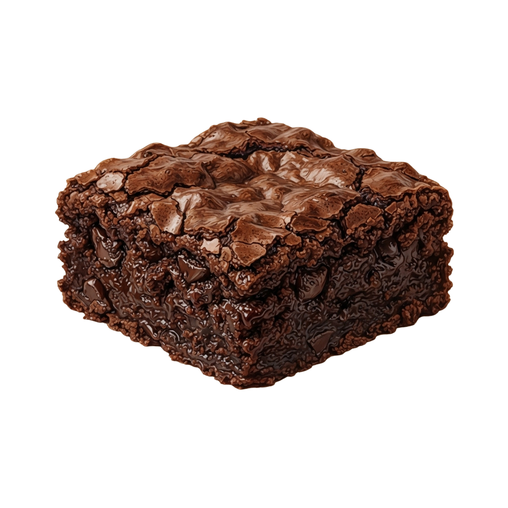 Close-up of a moist, dark chocolate brownie with a cracked top and glossy sheen