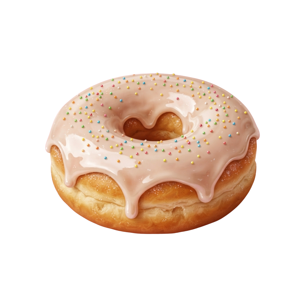 A pink iced donut with colorful sprinkles and a bite taken out of one side, showing fluffy interior