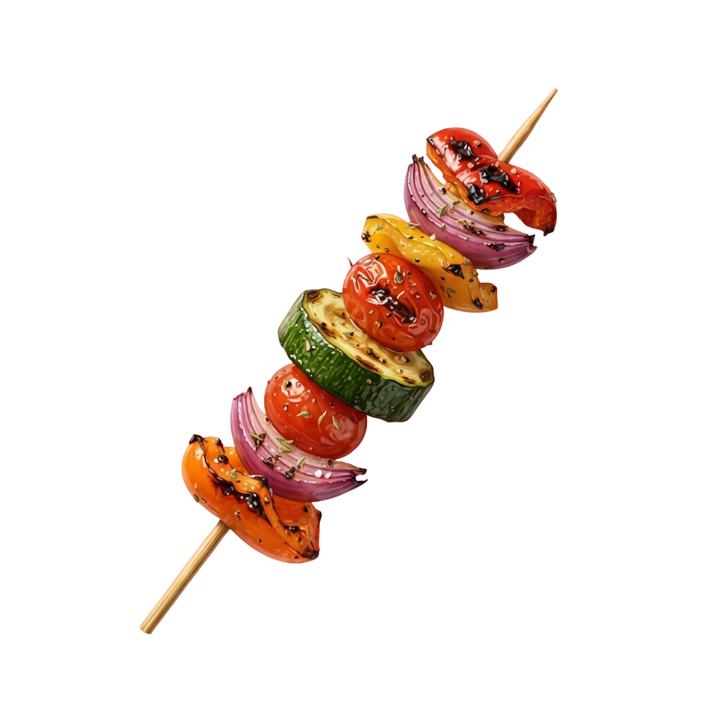 Grilled skewer with zucchini, cherry tomatoes, red onion, and yellow bell pepper